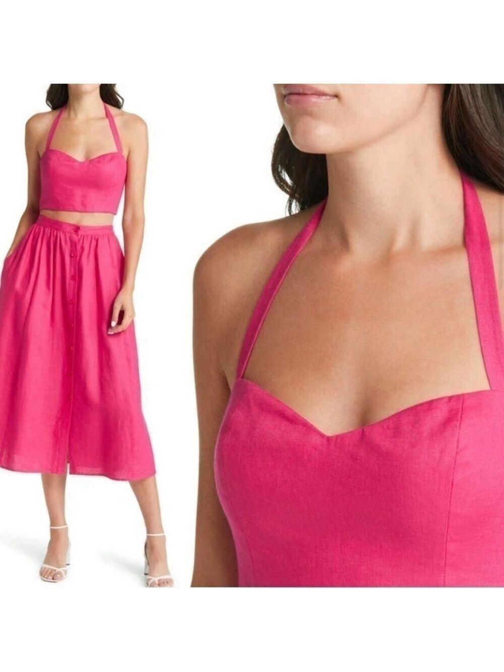 Reformation Orzo Pink Linen Crop Top in Corvette size 10 12 - Picture 2 of 9